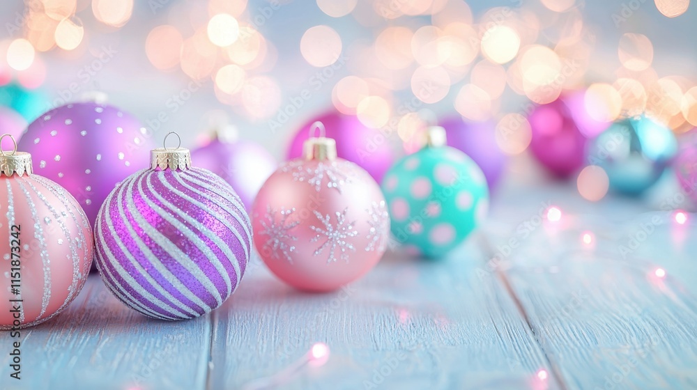 Obraz premium Pastel Pink Purple Christmas Ornaments Festive Background