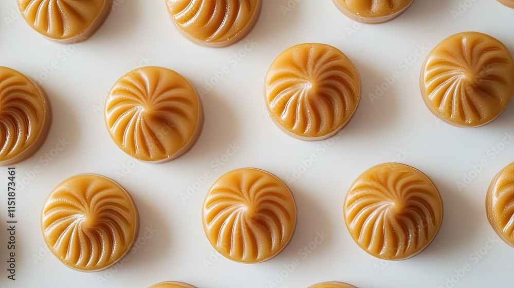 A group of caramel candies with detailed textures, arranged in a circular pattern on a white surface. A group of caramel candies with detailed textures, arranged in a circular pattern on a white surface.