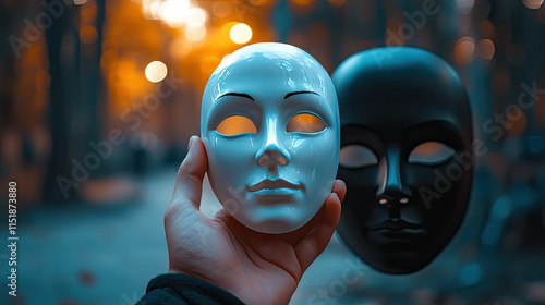 A hand holding a white theater mask in the foreground, with a black mask lying in the blurred background photo