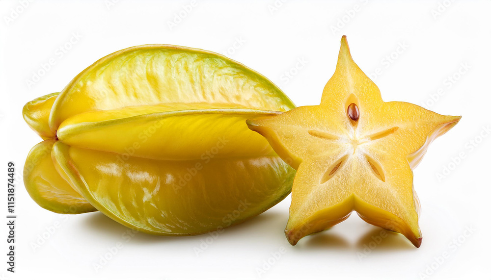Fototapeta premium Ripe Starfruit Hanging Branch Vivid Orange Background Leaves