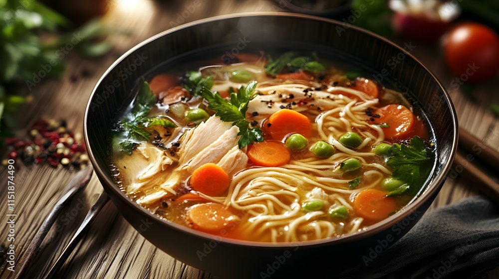 Delicious Chicken Noodle Soup with Fresh Vegetables and Herbs Delicious Chicken Noodle Soup with Fresh Vegetables and Herbs