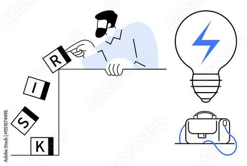 Man placing block labeled R to stabilize falling RISK blocks, symbolizing risk management. Lightbulb with lightning bolt and briefcase on the side. Ideal for business strategies, risk assessment