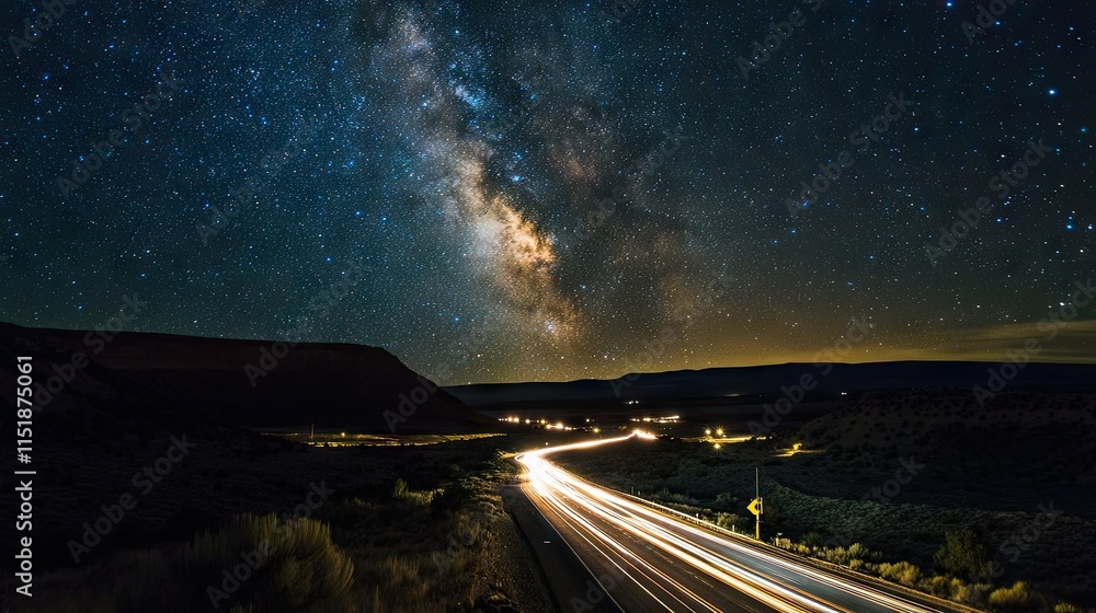 A highway lit by streetlights at night, with car trails creating streaks of light under a starry sky A highway lit by streetlights at night, with car trails creating streaks of light under a starry sky