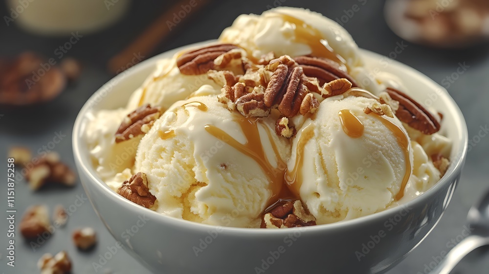 Creamy Vanilla Ice Cream with Nuts and Caramel Drizzle in Bowl Creamy Vanilla Ice Cream with Nuts and Caramel Drizzle in Bowl