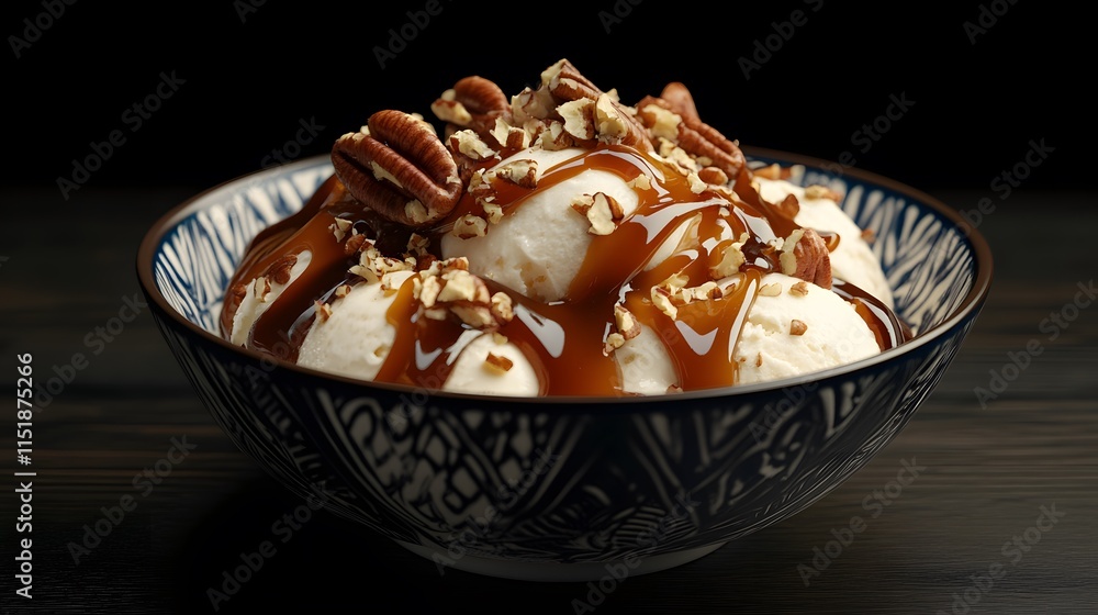 Creamy Vanilla Ice Cream with Caramel and Pecans in Elegant Bowl Creamy Vanilla Ice Cream with Caramel and Pecans in Elegant Bowl