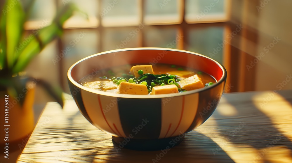 Warm and Inviting Bowl of Soup with Tofu and Greens in Soft Light Warm and Inviting Bowl of Soup with Tofu and Greens in Soft Light