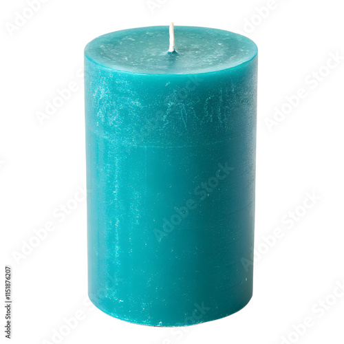 A teal color pillar candle isolated on a transparent background