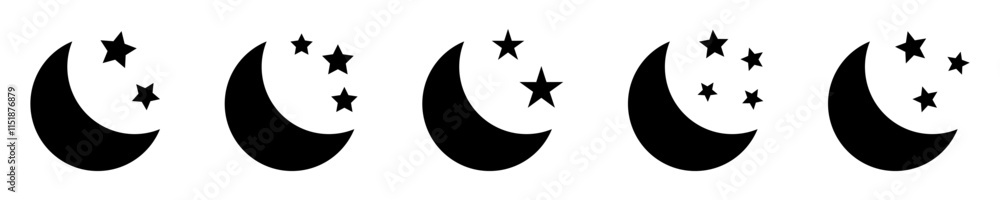 Crescent moon with stars icon on white background. Night icon. Crescent moon icon. Minimalist style. Crescent moon with stars icon on white background. Night icon. Crescent moon icon. Minimalist style.