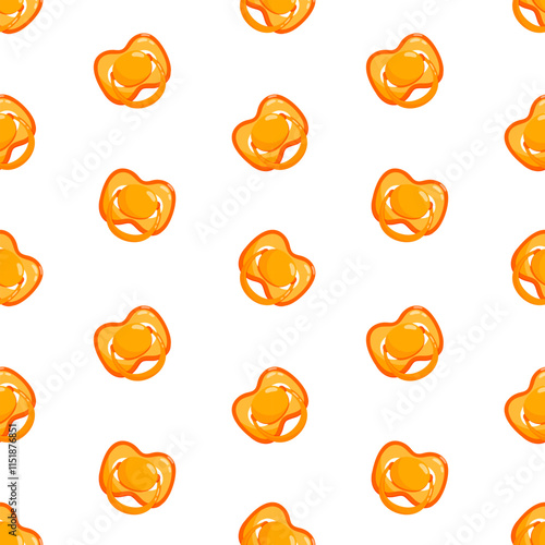 Orange dummies vector seamless pattern. Front view pacifiers. Background, print, packaging design