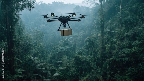 Drone Delivery Service Above Lush Rainforest Canopy photo