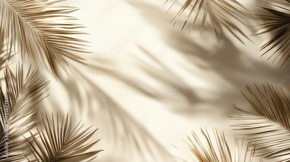 Obraz premium Serene minimalist beige background with palm leaf shadows, perfect for tropical-themed branding, summer marketing, wellness designs, and natural aesthetic presentations.