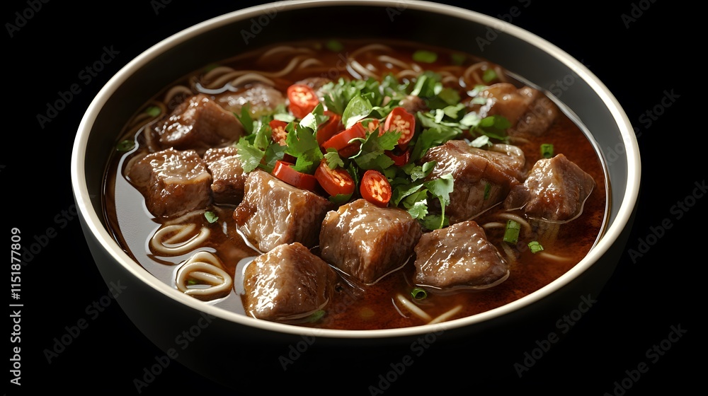 Delicious Bowl of Beef Noodle Soup with Fresh Herbs and Chili Delicious Bowl of Beef Noodle Soup with Fresh Herbs and Chili