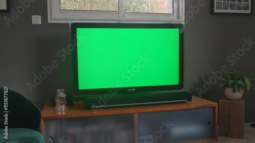 flat-screen television displaying a vibrant green screen, acting as the focal point in a minimalist living room setup, contrasting with its muted surroundings.