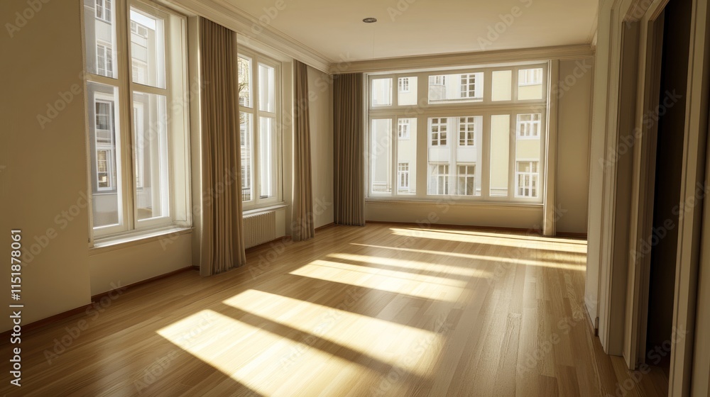 Sunlit Empty Room with Large Windows and Hardwood Floor Sunlit Empty Room with Large Windows and Hardwood Floor