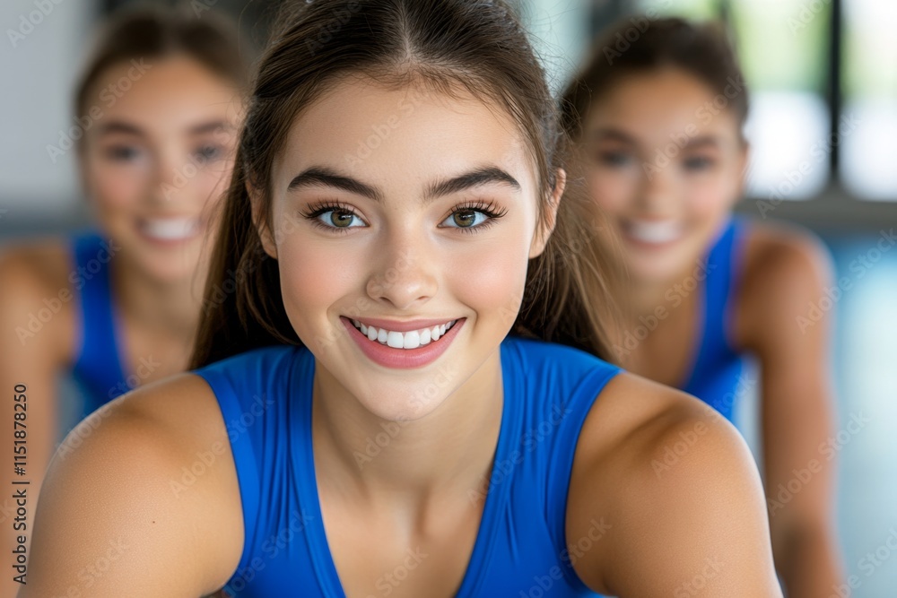 A team of gymnasts stretching together on a mat in a training facility, with bright, cheerful expressions A team of gymnasts stretching together on a mat in a training facility, with bright, cheerful expressions