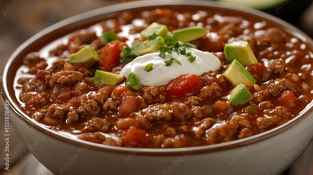 Hearty Beef Chili with Vegetables and Sour Cream Garnish Hearty Beef Chili with Vegetables and Sour Cream Garnish