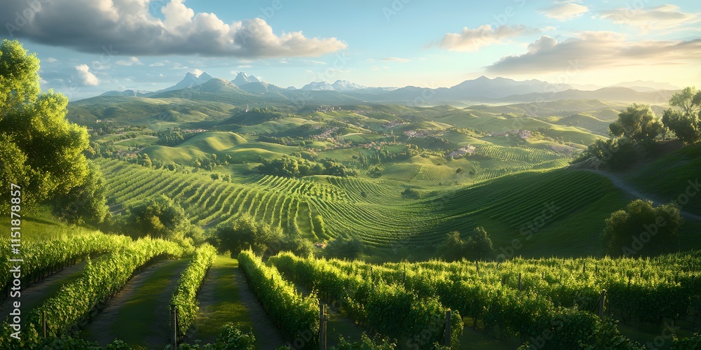 Fototapeta premium Serene Landscape of Lush Green Vineyard Under Blue Sky and Clouds