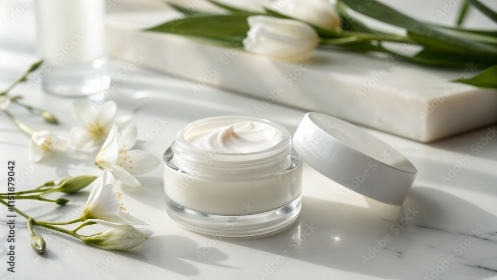 Luxurious skincare cream in a glass jar surrounded by fresh flowers on a marble surface Luxurious skincare cream in a glass jar surrounded by fresh flowers on a marble surface