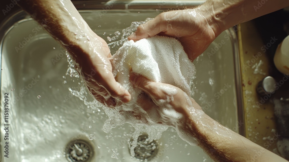 Fototapeta premium A pair of hands twisting and wringing a wet kitchen towel, with water spilling into a clean sink