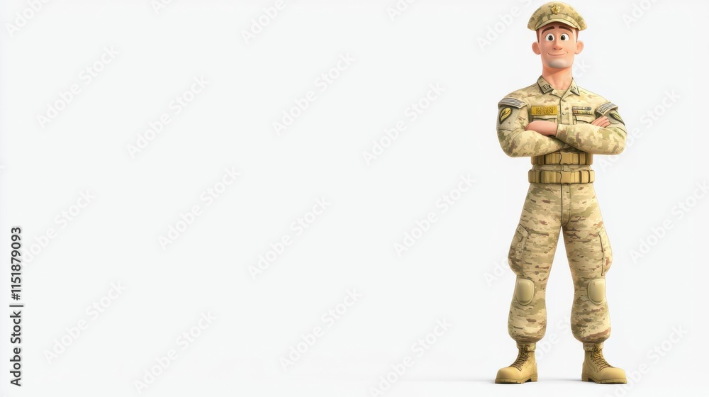 A 4K cartoonish animated clipart of a soldier in uniform, standing confidently, white background, copy space for text A 4K cartoonish animated clipart of a soldier in uniform, standing confidently, white background, copy space for text