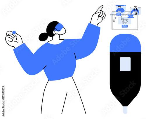 Woman using VR headset while shopping online. Ideal for technology, e-commerce, virtual reality, online shopping, digital interaction, futuristic retail, user experience themes. Line metaphor