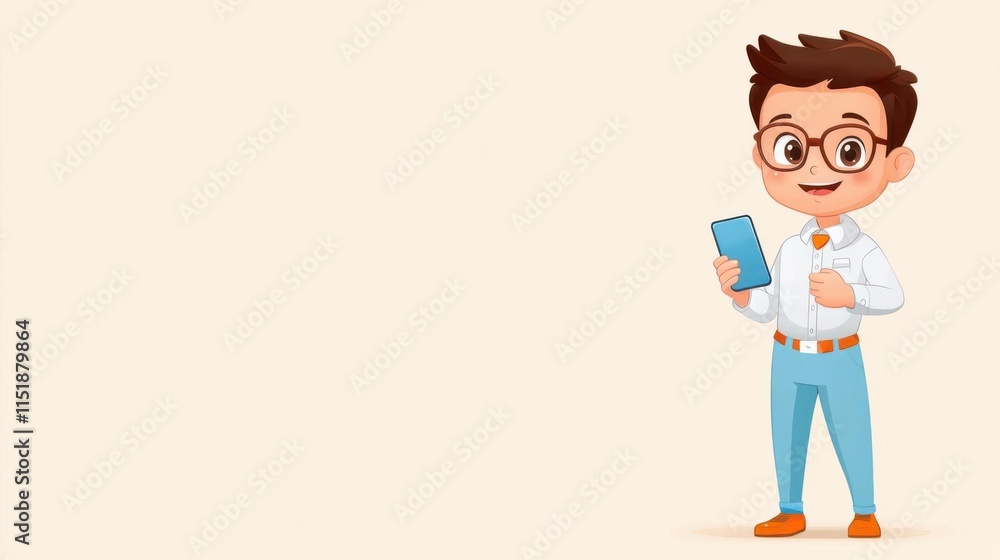 A 4K cartoonish animated clipart of a social media manager holding a smartphone, standing on the right side of the image, solid color background, copy space for text A 4K cartoonish animated clipart of a social media manager holding a smartphone, standing on the right side of the image, solid color background, copy space for text