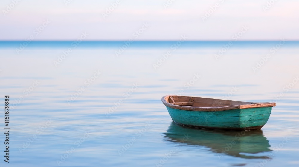 A serene, solitary boat floats on calm, tranquil waters under a soft sky, creating a peaceful and reflective scene. A serene, solitary boat floats on calm, tranquil waters under a soft sky, creating a peaceful and reflective scene.