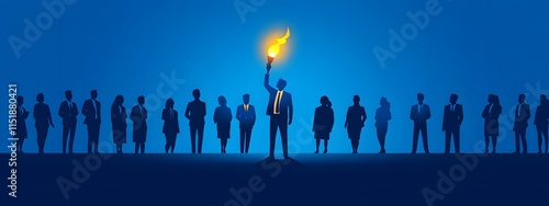 Wallpaper Mural A group of business people stand in silhouette against a blue background, with one person holding up an illuminated torch to light the way forward for others Torontodigital.ca