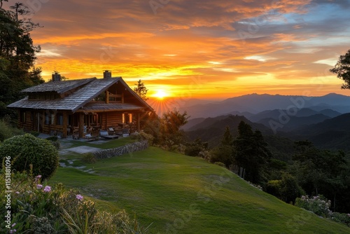 Sunset over a mountain cabin with vibrant colors and lush greenery in the foreground