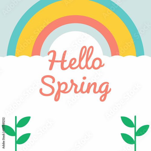hello spring  with fresh green leaves and a rainb - vibrant spring-themed illustration with nature's beauty