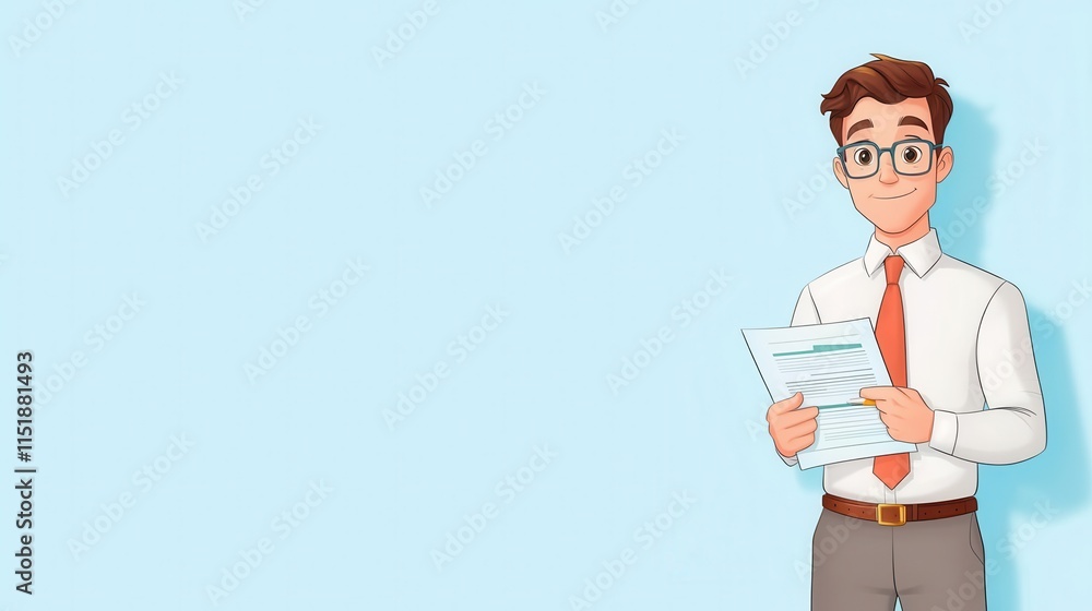 A 4K cartoonish animated clipart of a financial analyst holding a financial report, standing on the right side of the image, solid color background, copy space for text A 4K cartoonish animated clipart of a financial analyst holding a financial report, standing on the right side of the image, solid color background, copy space for text
