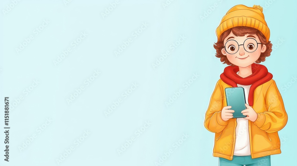 A 4K cartoonish animated clipart of a social media manager holding a smartphone, standing on the right side of the image, solid color background, copy space for text A 4K cartoonish animated clipart of a social media manager holding a smartphone, standing on the right side of the image, solid color background, copy space for text