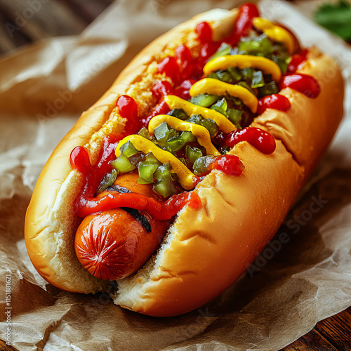 Delicious Gourmet Hot Dog with Toppings, Served on Rustic Wooden Table for a Casual Dining or Fast Food Concept photo