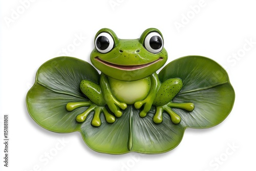 A whimsical depiction of a frog sitting on a green lily pad, illustrated in bright, exaggerated tones on a clean white backdrop photo