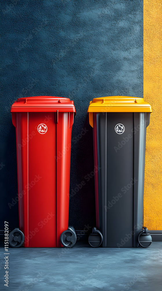 3D Rendering Red and Black Wheeled Bins Against Wall 3D Rendering Red and Black Wheeled Bins Against Wall