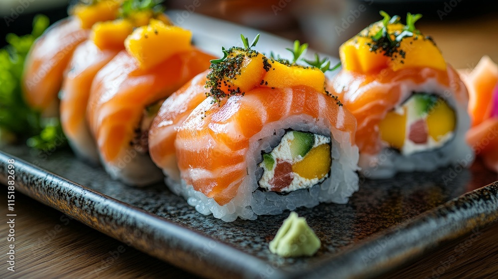 Elegant Salmon Sushi Rolls with Garnish on a Dark Plate Elegant Salmon Sushi Rolls with Garnish on a Dark Plate
