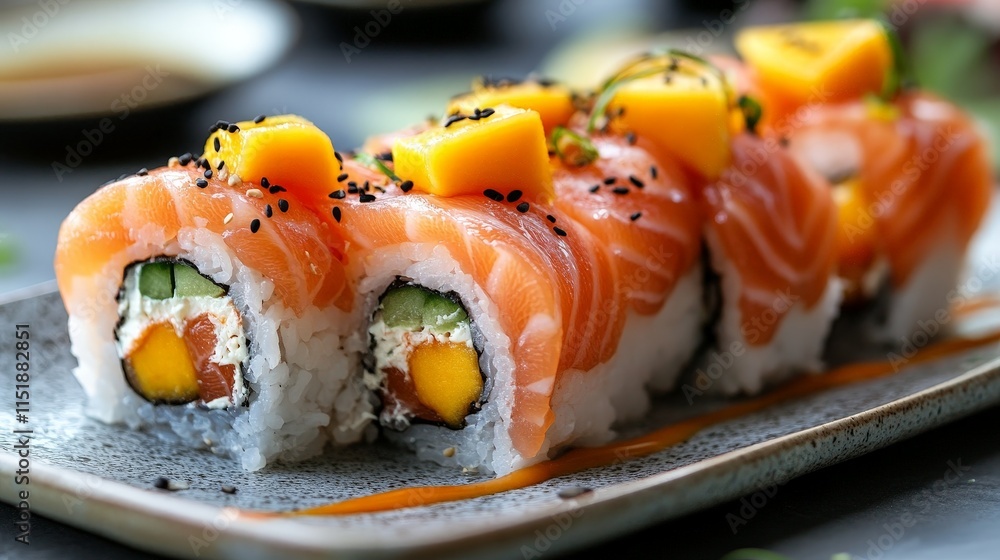 Elegant Salmon Sushi Rolls with Garnish on a Dark Plate Elegant Salmon Sushi Rolls with Garnish on a Dark Plate