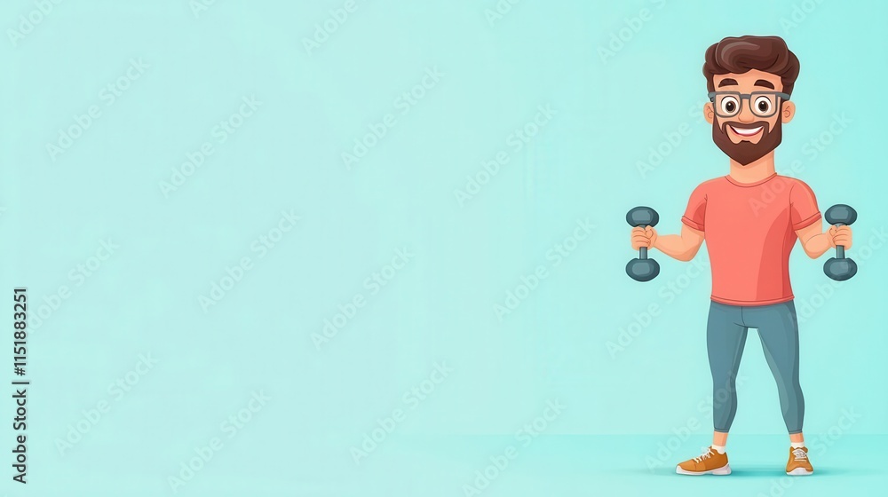A 4K cartoonish animated clipart of a personal trainer holding dumbbells, standing on the right side of the image, solid color background, copy space for text A 4K cartoonish animated clipart of a personal trainer holding dumbbells, standing on the right side of the image, solid color background, copy space for text