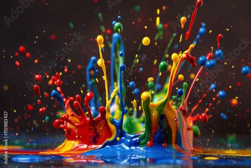 Colorful paint splashing and making a spectacular crown shape against a dark background photo