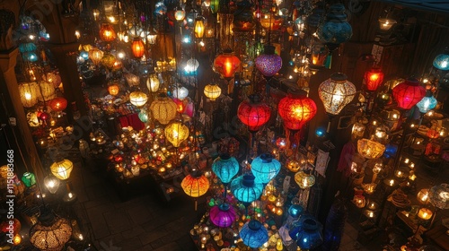 Colorful Illuminated Lanterns Hanging In A Market