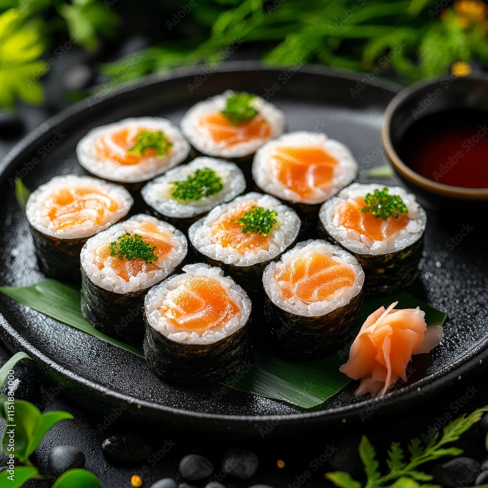 Elegant Salmon Sushi Rolls with Garnish on a Dark Plate Elegant Salmon Sushi Rolls with Garnish on a Dark Plate