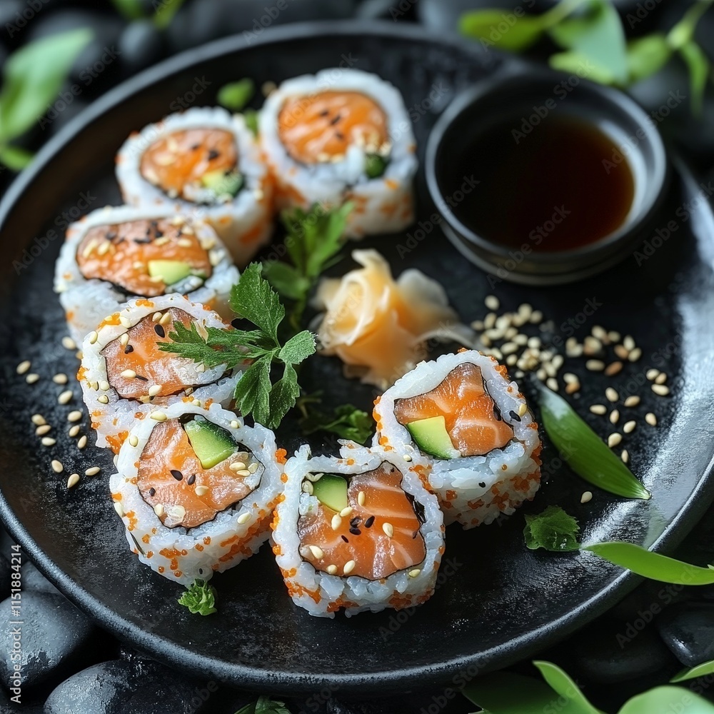 Elegant Salmon Sushi Rolls with Garnish on a Dark Plate Elegant Salmon Sushi Rolls with Garnish on a Dark Plate