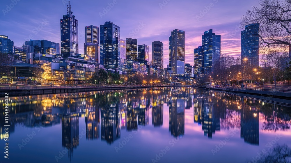 Fototapeta premium Melbourne City Skyline Reflected in Calm Water at Dusk