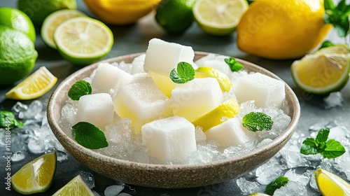 A refreshing summer scene with coconut jelly cubes in a bowl of crushed ice, surrounded by sliced lemons and limes