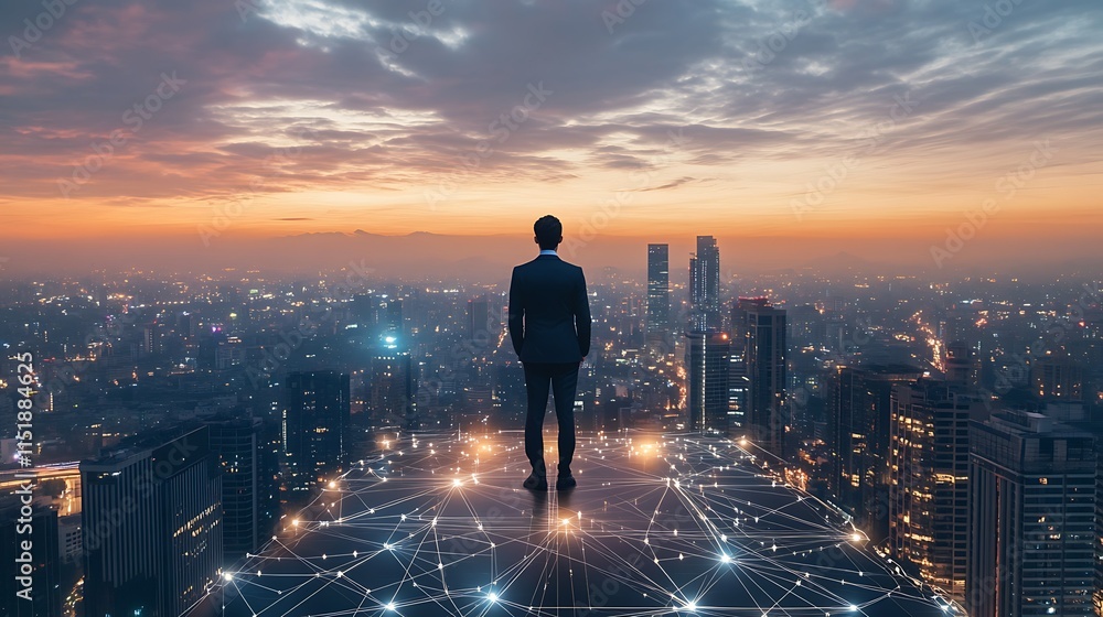 Businessman standing on illuminated network platform overlooking futuristic cityscape at sunset. Businessman standing on illuminated network platform overlooking futuristic cityscape at sunset.