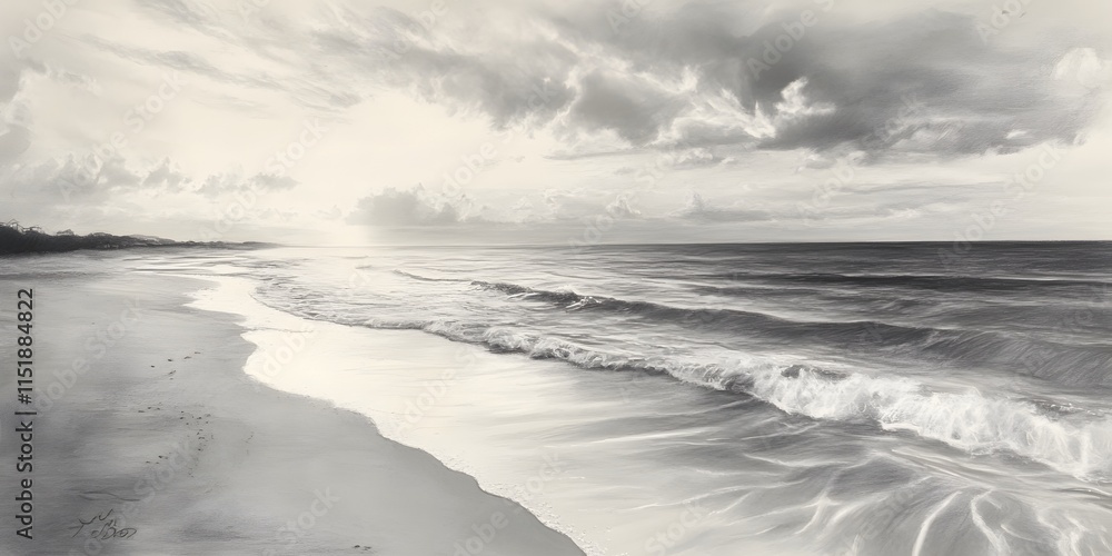 Obraz premium Serene Black and White Seascape with Gentle Waves and Clouds