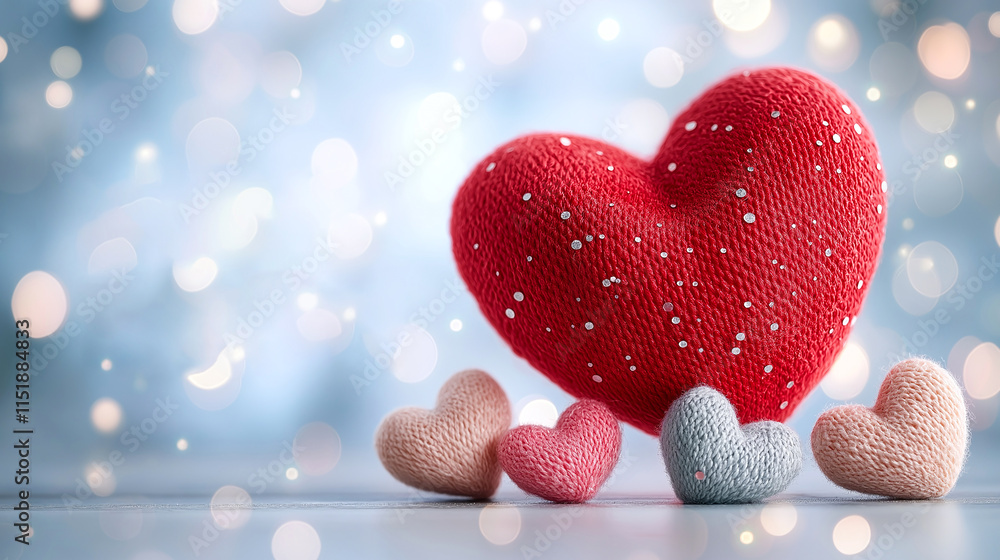 Obraz premium vibrant red heart surrounded by smaller pastel hearts creates romantic atmosphere, perfect for Valentine Day celebrations. soft bokeh background enhances emotional expression of love