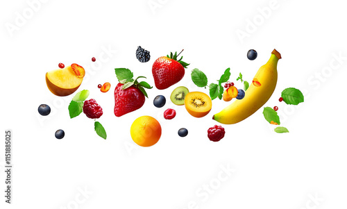 Fototapeta Naklejka Na Ścianę i Meble -  different fruits flying like strawberry, orange, grape and other isolated on transparent background, png


