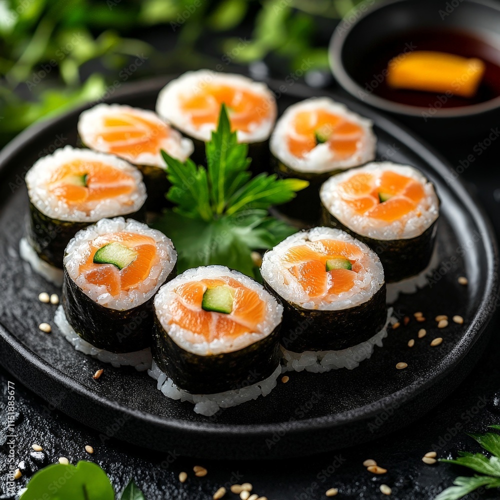 Elegant Salmon Sushi Rolls with Garnish on a Dark Plate Elegant Salmon Sushi Rolls with Garnish on a Dark Plate