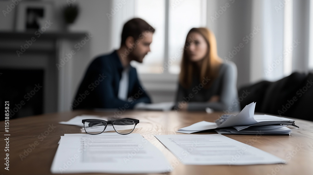 Selective Focus on Couple Sitting at Table with Divorce Documents, Emphasizing Emotional Tension and Raw Atmosphere. Selective Focus on Couple Sitting at Table with Divorce Documents, Emphasizing Emotional Tension and Raw Atmosphere.